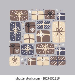 Cute Scandinavian All I Want for Christmas background with hand drawn Christmas present boxes and snowflakes for your decoration