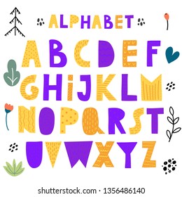 Cute scandinavian alphabet, handdrawn letters for your design. Design for  cards, posters, cards, t-shirts, book, textile.