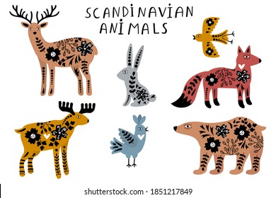 Cute Scandinavian animals with floral ornament set isolated on white background. Deer, fox, bear, birds, rabbit, moose in flat style. Vector illustration. 