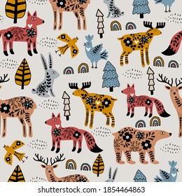 Cute Scandinavian animals with floral ornament seamless pattern. Background with Deer, fox, bear, birds, rabbit, moose in flat style. Vector illustration.  