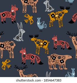 Cute Scandinavian animals with floral ornament seamless pattern. Background with Deer, fox, bear, birds, rabbit, moose in flat style. Vector illustration.  