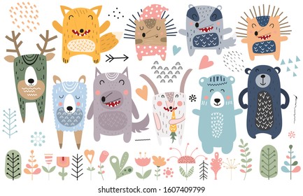 Cute scandinavian animals. Hand drawn. Doodle cartoon animals for nursery posters, cards, t-shirts. Vector illustration. Bear, hedgehog, llama, fox, hare, wolf, deer, badger, flowers, tree and plants.