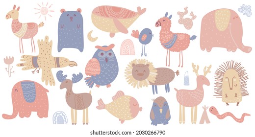 Cute scandinavian animals. Hand drawn. Doodle cartoon animals for nursery posters, cards, t-shirts. Vector illustration. Lama, whale, deer, elk, lion, owl, elephant, bird, eagle, fish