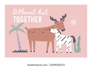 Cute Scandinavian animals, kid card design. Funny zebra and elk couple, friends, postcard background in Scandi style. Adorable sweet mammals in nature, Different but Together. Flat vector illustration