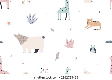 Cute Scandinavian animals pattern. Repeating childish print on seamless endless background. Kids texture design in Scandi nordic style. Colored flat vector illustration for textile, wallpaper