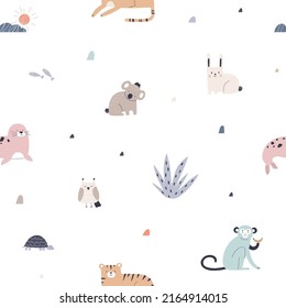 Cute Scandinavian animals pattern. Repeating print with kids characters in Scandi style. Seamless background for childish wallpaper, textile. Printable colored flat graphic vector illustration