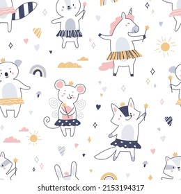 Cute Scandinavian animals pattern. Seamless background with fairy baby characters. Repeating print with fairytale rabbit, unicorn, koala princesses. Childish scandi colored flat vector illustration