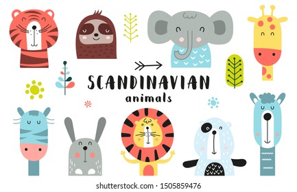 Cute scandinavian animals set. Hand drawn. Doodle cartoon animals for nursery posters, cards, kids t-shirts. Vector illustration. Tiger, lazy sloth, elephant, giraffe, zebra, hare, lion, bear, llama.