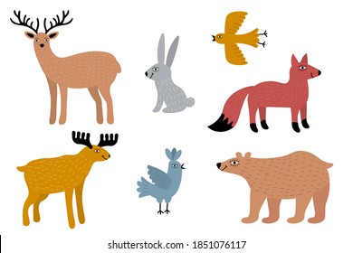 Cute Scandinavian animals set isolated on white background. Deer, fox, bear, birds, rabbit, moose in flat style. Vector illustration. 
