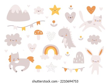 Cute scandinavian baby animals set. Naive doodle boho prints bundle for new born.