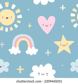 Cute scandinavian baby pattern. Kawaii dreamy vector seamless print for pajamas and baby textile.