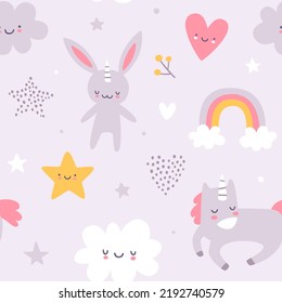 Patrón de bebé escandinavo lindo con animales unicornios durmiendo. Impresión vectorial sin foco para las niñas.