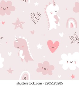 Patrón de bebé escandinavo lindo con dino unicornio. Impresión rosa vectorial transparente para tela femenina.