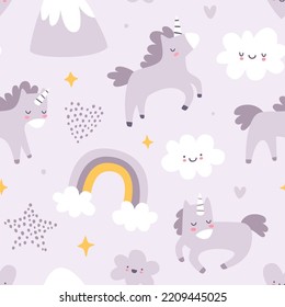Cute scandinavian baby pattern with unicorns. Seamless purple vector print for girls fabric.