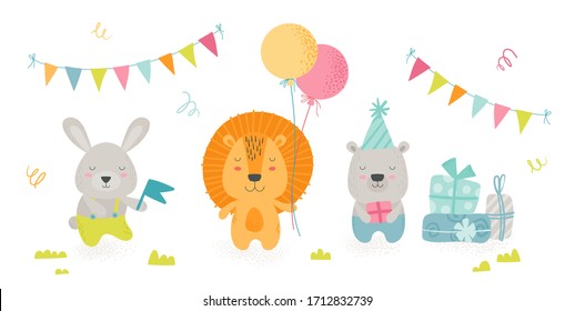 Cute Scandinavian Boho Style Teddy Animals Celebrate Happy Birthday Party. Kawaii Rabbit, Lion and Bear Holding Holidays Equipment Balloons, Gifts and Flag, Kids Design. Cartoon Vector Illustration