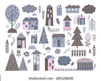 Cute scandinavian buildings. Abstract architecture, city landscape elements. Isolated nordic village houses, rural home decent vector set