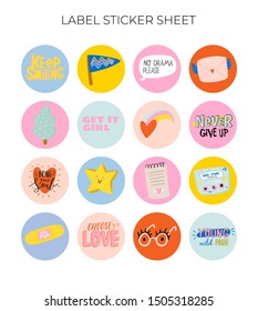 Cute scandinavian characters set including trendy quotes and cool decorative hand drawn elements. Cartoon doodle style illustration for patches, stickers, T-shirt, nursery, kids design. Vector.