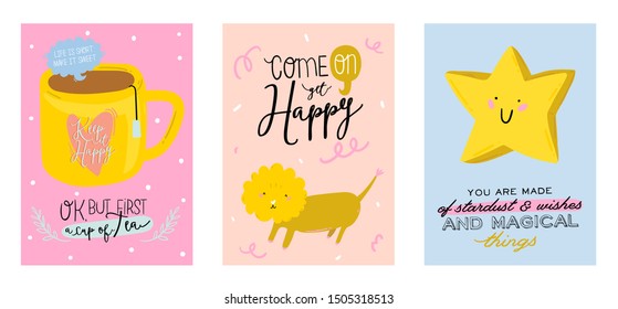 Cute scandinavian characters set including trendy quotes and cool decorative hand drawn elements. Cartoon doodle style illustration for patches, stickers, T-shirt, nursery, kids design. Vector.