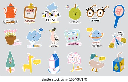 Cute scandinavian characters set including trendy quotes and cool decorative hand drawn elements. Cartoon doodle style illustration for patches, stickers, T-shirt, nursery, kids design. Vector.