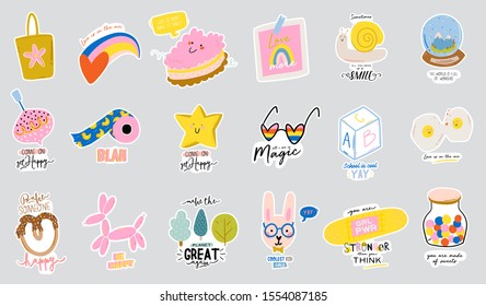 Cute scandinavian characters set including trendy quotes and cool decorative hand drawn elements. Cartoon doodle style illustration for patches, stickers, T-shirt, nursery, kids design. Vector.