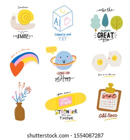 Cute scandinavian characters set including trendy quotes and cool decorative hand drawn elements. Cartoon doodle style illustration for patches, stickers, T-shirt, nursery, kids design. Vector.