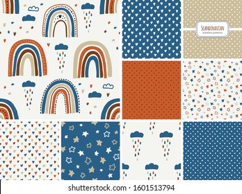 Cute scandinavian childish seamless pattern with trendy hand drawn rainbows, clouda and stars in naive art style, to use as kids texture for textile, wallpaper, apparel etc, vector illustration