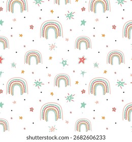 Cute scandinavian childish seamless pattern with trendy hand drawn rainbows in naive art style, can be used as kids texture for fabrics, textile, wallpaper, apparel etc, vector illustration