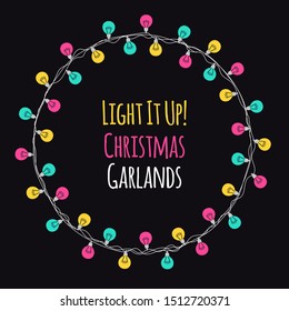 Cute Scandinavian Christmas design with hand drawn light bulb garlands on dark backround, can be used as template for banner, card or flyer, vector illustration for your decoration