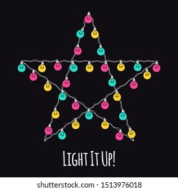Cute Scandinavian Christmas design with hand drawn light bulb garlands on dark backround 