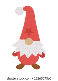 Cute Scandinavian Christmas gnome isolated on white background. Vector New Year character in red cap with long beard. Funny dwarf for kids
