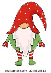 Cute scandinavian Christmas gnome with long beard in cartoon style