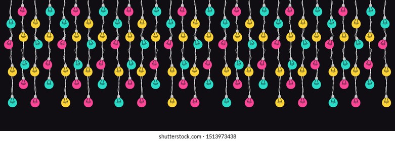 Cute Scandinavian Christmas horizontal design with hand drawn light bulb garlands on dark backround 