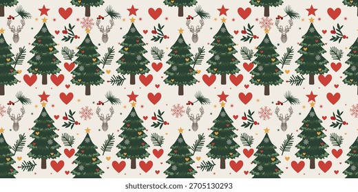 Nettes skandinavisches Weihnachts-Nahtloses Muster mit Rentieren und Schneeflocken. Vektorgrafik.
