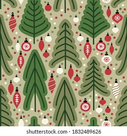 Cute Scandinavian Christmas Tree Market seamless pattern background with hand drawn Fir Trees and Christmas balls for your decoration