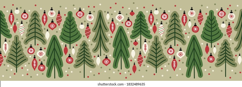 Cute Scandinavian Christmas Tree Market horizontal banner background with hand drawn Fir Trees and Christmas balls for your decoration