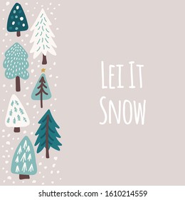 Cute Scandinavian Christmas Trees background with hand drawn Snowy Fir Trees Forest for your decoration, can be used as greeting card, banner etc