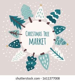 Cute Scandinavian Christmas Trees frame background with hand drawn Snowy Fir Trees Forest for your decoration, can be used as greeting card, banner etc