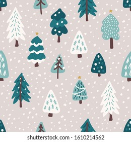 Cute Scandinavian Christmas Trees seamless pattern background with hand drawn Snowy Fir Trees Forest for your decoration, can be used as nursery print for kids textile, fabrics etc