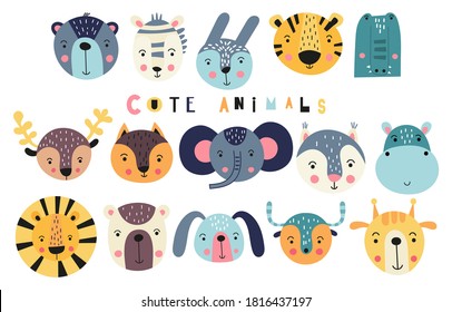 Cute scandinavian colorful prints animals. Hand drawn. Doodle cartoon forest and jungle animals for nursery posters, cards, t-shirts. Vector illustration. Bear, zebra, lion, tiger, croc, hippo.