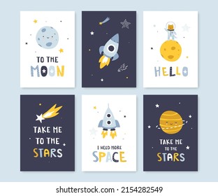 Cute scandinavian cosmic posters bundle. Collection of space prints with lettering for nursery. Wall art set for baby.