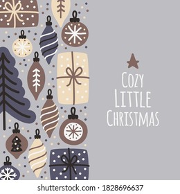 Cute Scandinavian Cozy Little Christmas background with hand drawn Christmas tree, balls, present boxes and confetti for your decoration