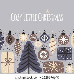 Cute Scandinavian Cozy Little Christmas background with hand drawn Christmas tree, balls, present boxes and confetti for your decoration