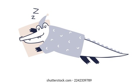 Cute Scandinavian crocodile sleeping. Funny baby animal, wild Scandi character asleep, lying, relaxing on pillow. Happy Nordic gator in pajamas. Flat vector illustration isolated on white background