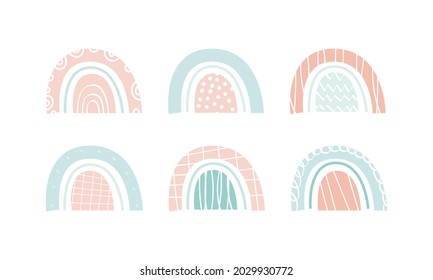 cute scandinavian design element. Boho style rainbow. A set of 6 elements. Design of stickers, stickers, print for printing. Vector illustration, hand-drawn
