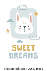 Cute scandinavian doodle sleeping bunny poster. Sweet dreams text. Print for poster, apparel, fabric, paper, card, postcard, notes, nursery.