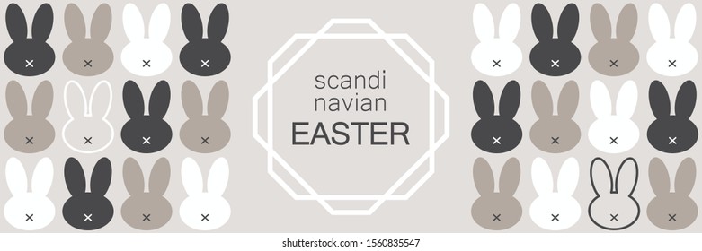 Cute Scandinavian Easter Bunny horizontal banner with primitive geometric silhouettes of rabbit head in neutral colors for your decoration
