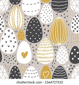 Colección de Huevos Escandinavos Cutos de Pascua sin problemas fondo de patrón con texturas dibujadas a mano y elementos en colores neutros para su decoración