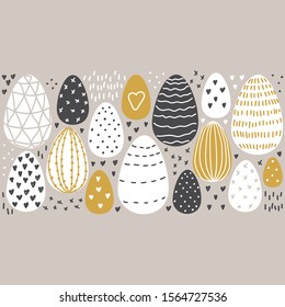 Cute Scandinavian Easter Eggs collection background with hand drawn textures and elements in neutral colors for your decoration