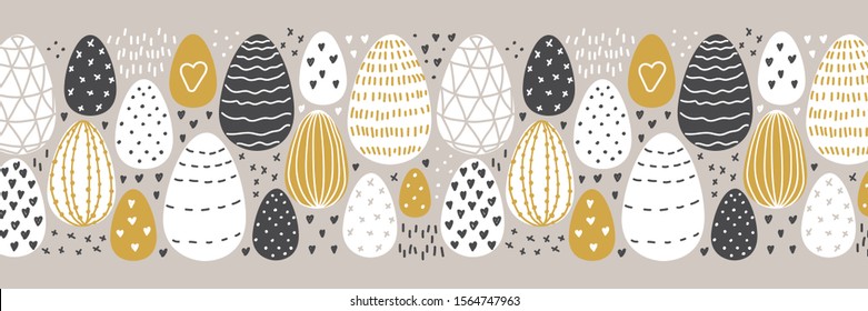 Cute Scandinavian Easter Eggs collection horizontal background with hand drawn textures and elements in neutral colors for your decoration