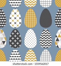 Cute Scandinavian Easter eggs seamless pattern with geometric tribal ornament in black, white and gold colors of ethnic patterns for your decoration
